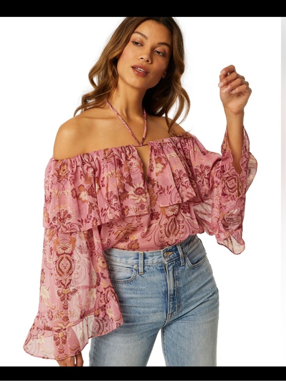 Misa Los Angeles Pink Floral Off-Shoulder Ruffle Blouse
